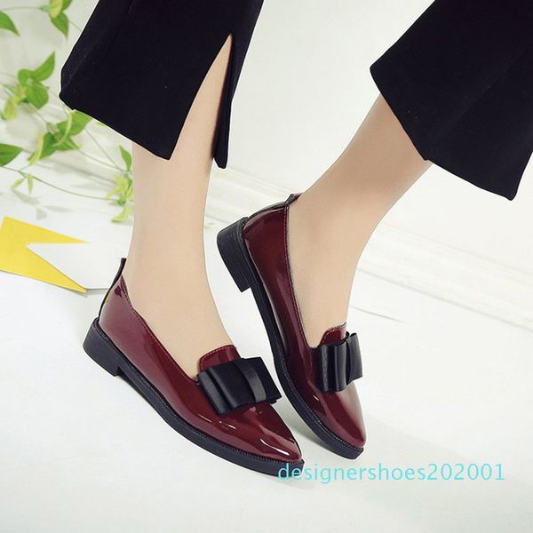 

spring flats women shoes bowtie loafers patent leather elegant low heels slip on footwear female pointed toe thick heel cn10, Black