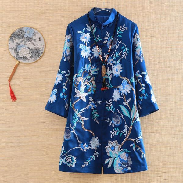 

elegant lady outerwear autumn indie folk twill satin embroidery retro women's vintage plus size trench coat female s-xxxl, Red