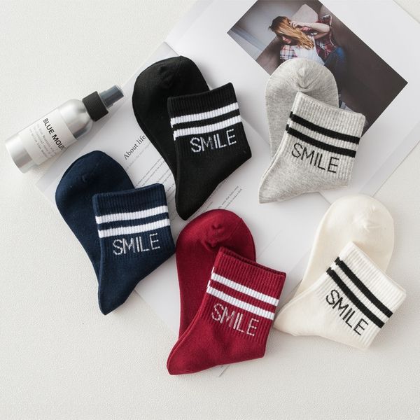 

new men's and women's smile letter parallel bar parallel bar socks stripe academic style cotton medium socks, Pink;yellow