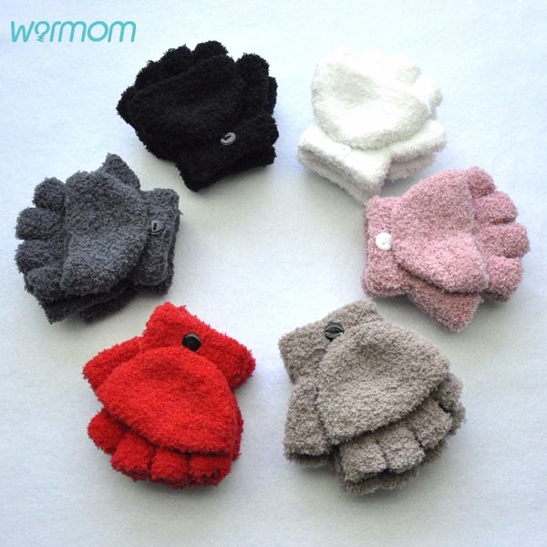 

warmom coral fleece thicken half finger flap baby gloves winter keep warm children kids gloves soft foldable mittens, Slivery;white