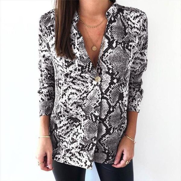 

forefair snake animal print blouse and shirt long sleeve casual plus size v neck fashion women blouses autumn 2020, White