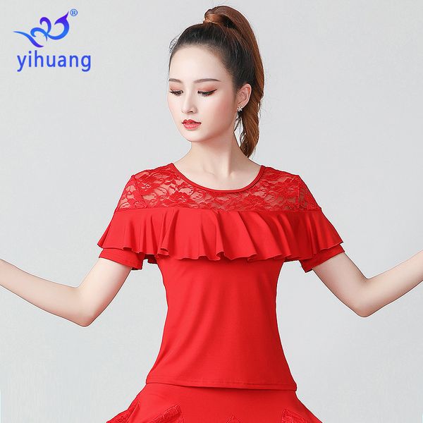

stage wear fashion dance performance women ballroom blouses latin waltz standard modern short sleeves, Black;red