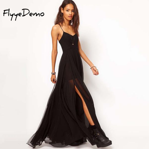 

4xl 2020 summer v-neck vestidos de fiesta black women long dress strapped mesh lady chiffon side slit party maxi dress, Black;gray