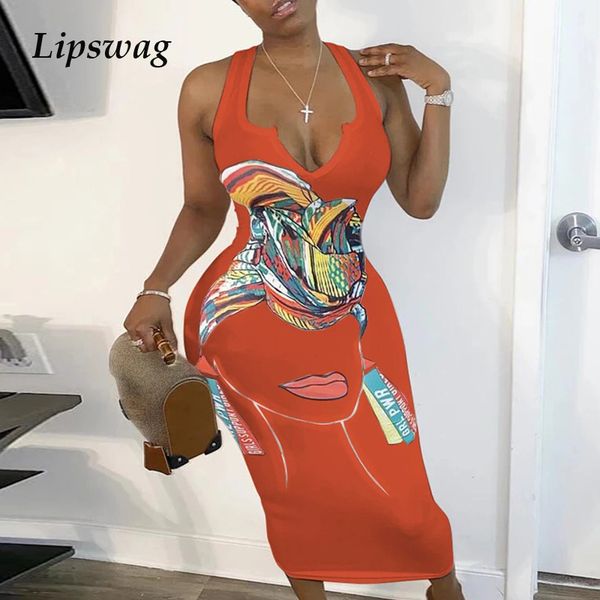

summer v neck long dress casual fashion cartoon pattern print bodycon dress women slim fit sleeveless party vestidos, Black;gray