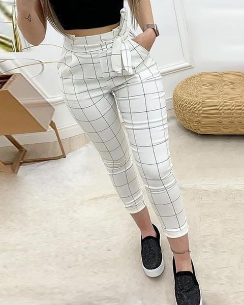 

2020 spring women elegant cropped pocket pants female fashion white high waist grid paperbag waist casual pants, Black;white