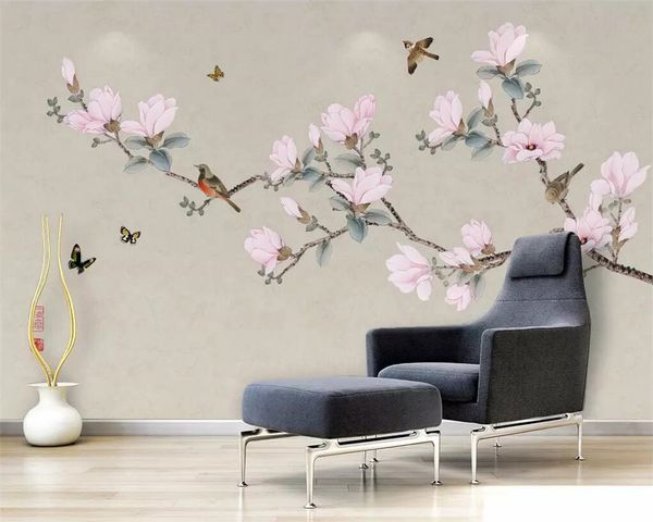 beibehang Wallpaper pintados à mão pássaro magnólia fundo TV papel de parede mural de decoração de casa sala quarto papel de parede 3d