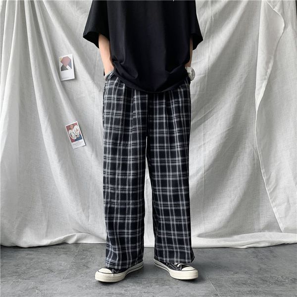 

men's pants autumn korean plaid fashion retro casual men streetwear wild loose hip hop straight trousers mens m-2xl, Black