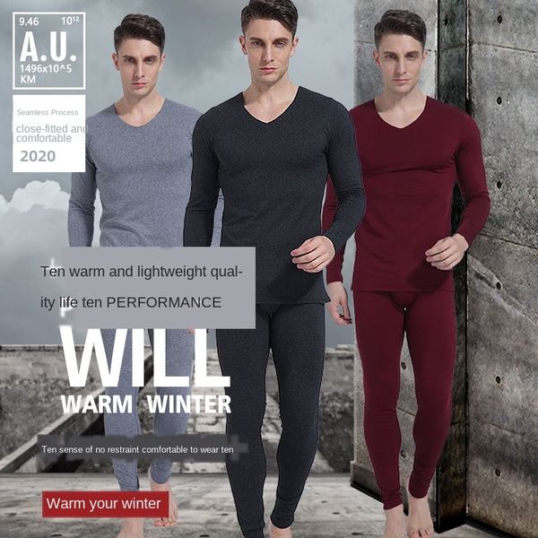 

w0wgb new and winter thermal set german warm underwear and clothes velvet men's seamless thermal underwear thin v-neck autumn clothes a, Black;white