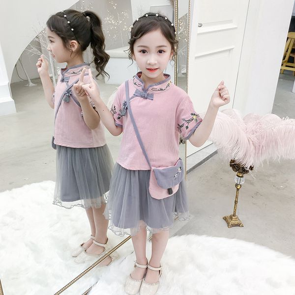 

childrens chinese-style costume super fairy skirt little girls summer cotton and linen retro tang suit girls skirt, White