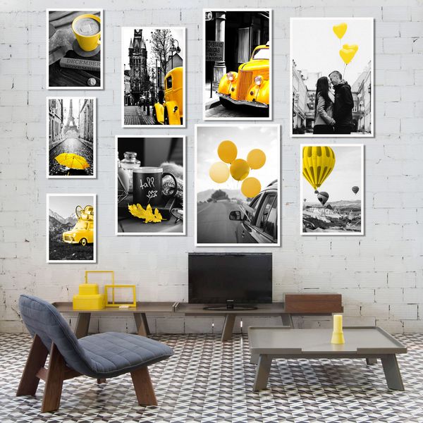 

black and white pgraph landscape picture home decor nordic canvas painting wall art yellow scenery art print for living room