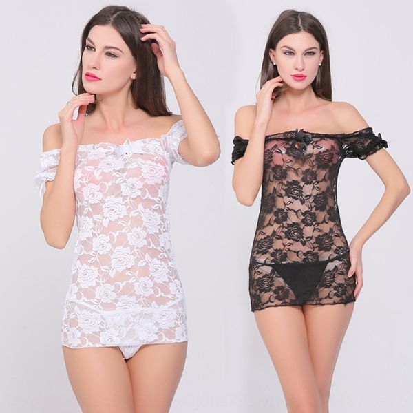 

underwear rose black lace women's one-line collar tight perspective suit large size underwear pajamas lace pajamas, Black;white