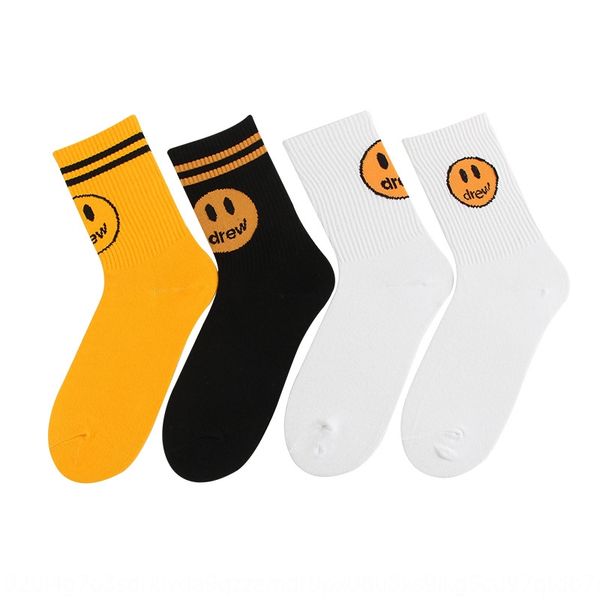

drewhouse bieber's blackyellow and white smiley face street cotton socks fashion brand mid-tube cotton socks, Black