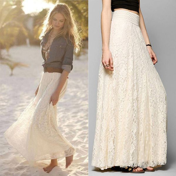 

new design plus size high waisted solid lace long skirt lace double layer pleated long maxi skirt elastic waist skirt, Black