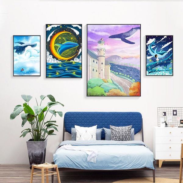 

cartoon animal blue whale fly in the space canvas painting good night wall art print fairy tale for nursery children's room dec