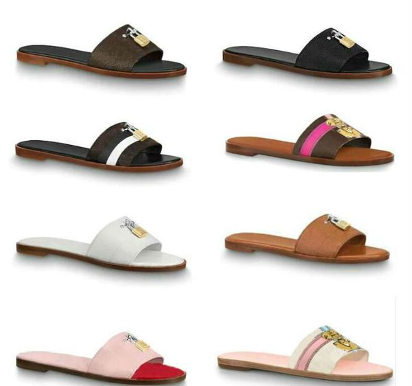 

2020 designer slides women sandal slippers lock it flat mule luxury leather slippers for women padlock sandals 1a5806 flat flip flops 35-42, Black