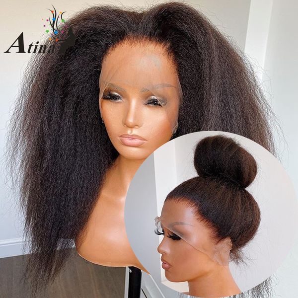 

atina 360 lace frontal wig pre plucked with baby hair kinky straight hd lace 250 density transparent front human hair wigs remy, Black