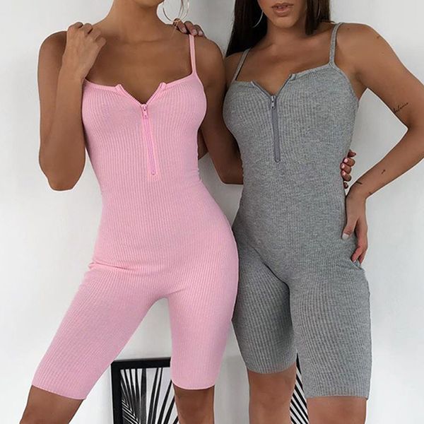 

sling woman jumpsuit romper shorts playsuit club summer solid women clothing bodycon bodysuit zipper femme sportswear, Black;white