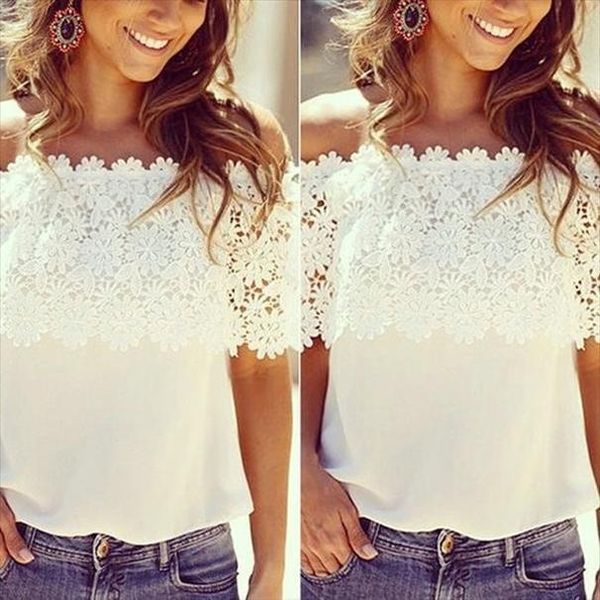 

womens clothing fashion women summer short sleeve lace crochet off shoulder chiffon shirt casual blouse, White