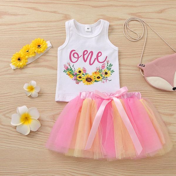 

clothing sets summer infant born baby girls clothes sleeveless letter sunflowers printed vest tulle skirt headband princess set outfits#p4, White