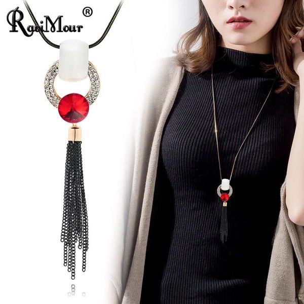 

ravimour black chain tassel necklace pendant fashion big round opal crytal collier femme statement long necklace women jewellery, Silver
