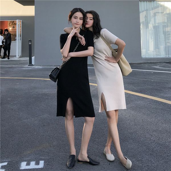 

женщины весна лето трикотажные платья мода элегантный отложной воротник с коротким рукавом сплошной цвет стройный стиль split хем сексуально, Black;gray