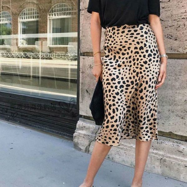 

women skirts vintage high waist midi polyester skirts elegant leopard pattern women skirt drop shipping high quality, Black