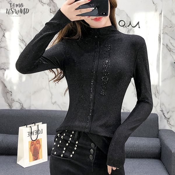 

2020 new spring autumn shiny diamonds t shirt european clothes camiseta mujer bottoming shirt gold tees t01206, White
