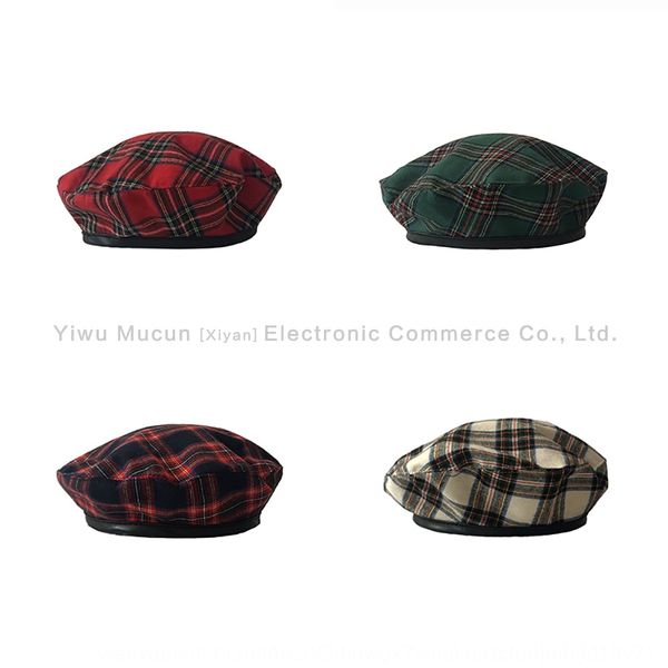 

ins green plaid female british plaid flat temperament flat beret painter's hat beret personality painter hat fashion, Blue;gray