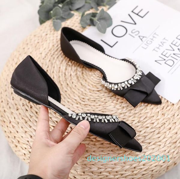 

pointed bow lady flat shoes 2020 spring beaded decoration women flat-heeled shoes est brand rhinestone wedding shoes cn10, Black