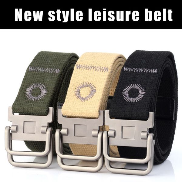 

men belt thickened canvas belt double buckle durable cowboy pants for outdoor sport fs99, Black;brown