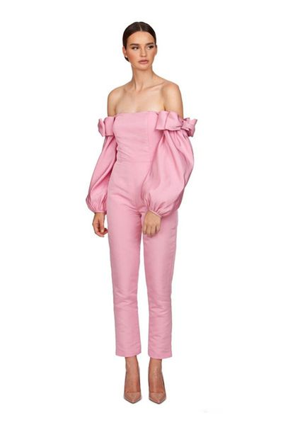 Розовый комбинезон для выпускного вечера с длинными рукавами и съемным шлейфом с открытыми плечами. Пышное вечернее платье с длинными рукавами из двух частей и брючный костюм256h