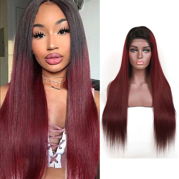 

brazilian human hair 1b/99j ombre color silky straight 1b 99j lace wigs 13x4 lace front wig double color straight adjustable lace 10-30inch, Black;brown