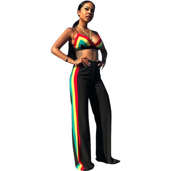 

women beach summer two piece set v- neck spaghetti strap striped crop and wide leg pants suit club wear 2 piece outfits, Gray