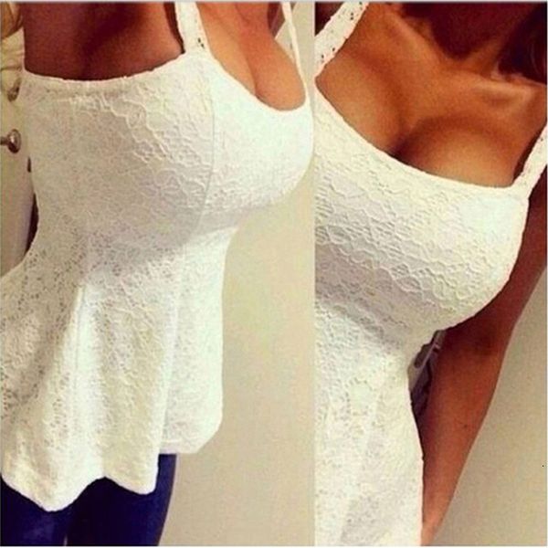

2020 new fashion women casual summer lace tank deep u neck slim vest shirts solid camis blusas, White