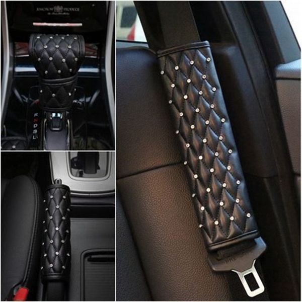 

crystal diamond car seat belt cover pu leather shoulder pad hand brake shifter covers universal fit car interior accessories