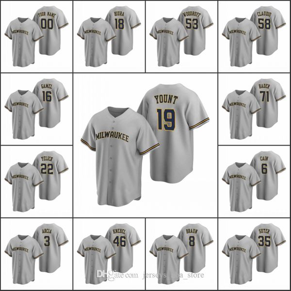 

milwaukee brewers men #22 christian yelich 6 lorenzo cain 3 orlando arcia women youth custom gray replica road jersey, Blue;black