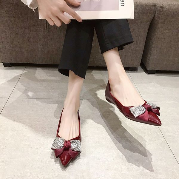 

party soft sole flat shoes women pointed toe flats crystal bow shiny shallow single shoes women loafers 2020 beige red, Black