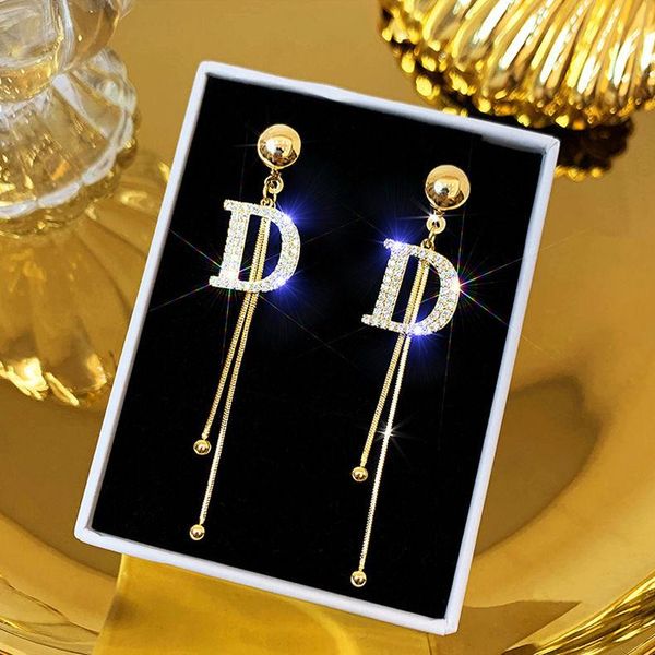 

silver needle full diamond d letter long earrings female fashion tassel earrings versatile personality web celebrity earrings