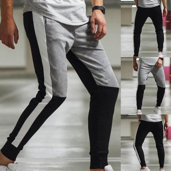 

mens splicing fitness pants long pants casual loose elastic sports trousers side stripes beamed men fashion streetwear, Black