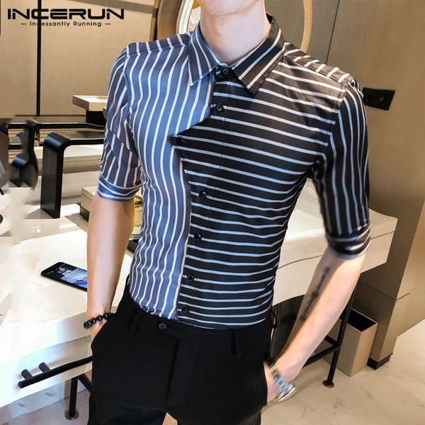 

2020 summer men striped patchwork shirts half sleeve lapel business blouse fashion fitness slim camisa man summer elegant blusas, White;black