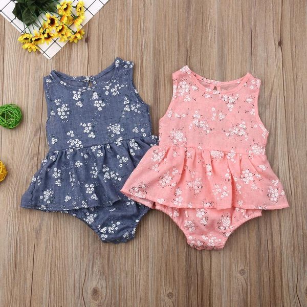

2020 newborn baby summer clothing infant baby girl bodysuits dress clothes sleeveless flowers print jumpsuits tutu dress 0-18m, Blue