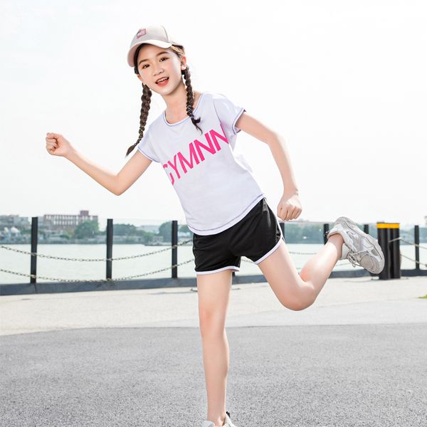 

sportswear children 2 pieces sport set for girls running t shirt summer girl sport shorts kids yoga set fitness gym, Black;blue