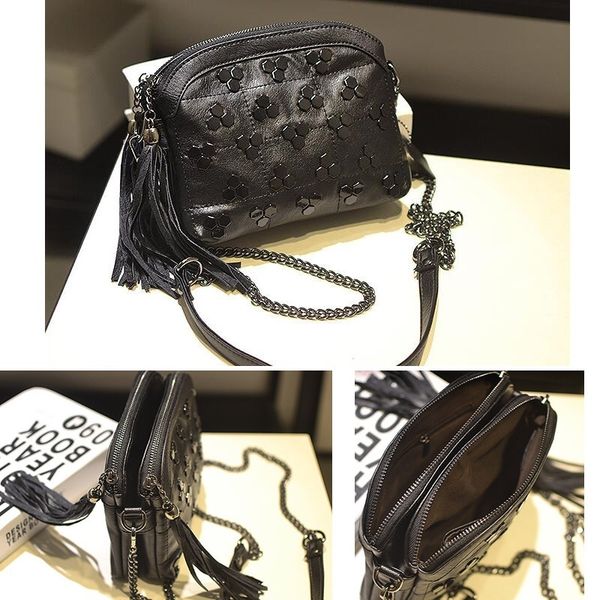 

personalized punk style, tassel zipper shoulder bag with rivet, double layer soft leather chain bag, messenger bag.ing