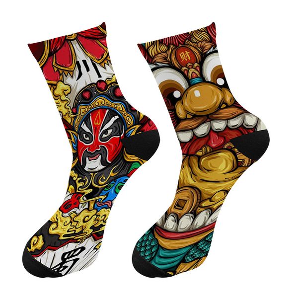 

men's socks 3d printed chinese sichuan opera painting crew men funny ukiyo-e lion graffiti long dress tube, Black