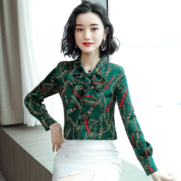 

silk shirt women's long sleeve 2019 spring new slim professional mulberry silk shirt chain print, White