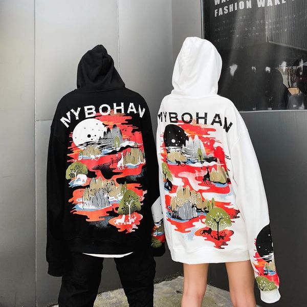 

2019 autumn and winter loose cec guochao chinese landscape painting style sweater couple models ins over the fire hoodie for men and women, Black