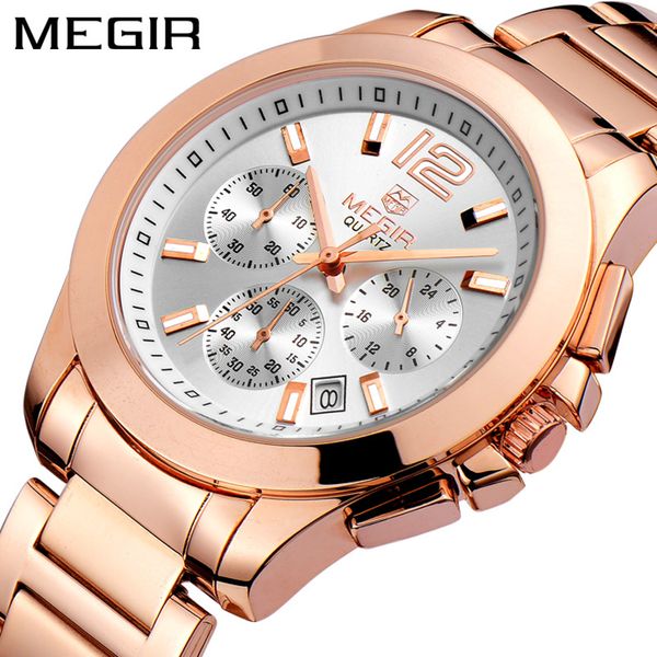 

megir chronograph women watch date clocks steel strap quartz date ladies watch lover gift female clock box 5006, Slivery;brown
