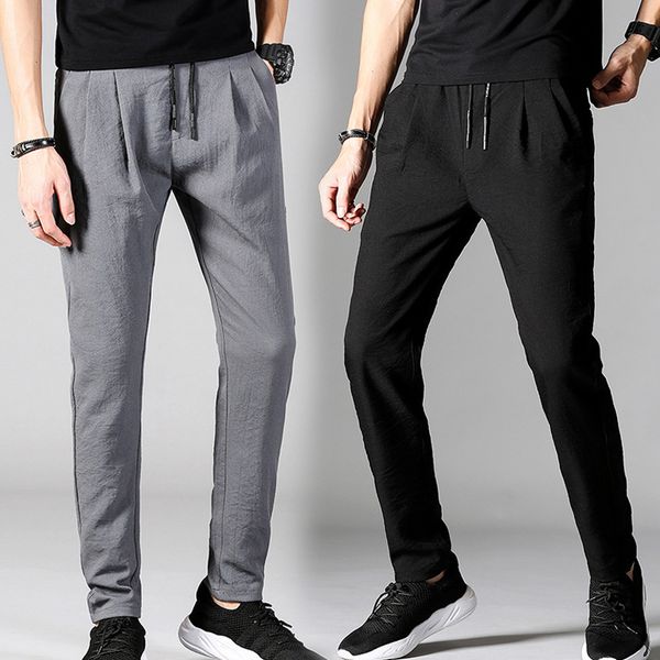 

men stretchy smart casual pants breathable loose sports trousers n66, Black;blue