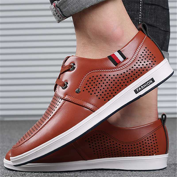 

2020 fashion spring summer wild leather sneaker men wear-resistant non-slip bottom men hollow out breathable casual flats shoes, Black