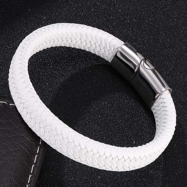

trendy men jewelry white braided leather bracelet 3 colors stainless steel magnetic clasps fashion bangles gifts s0006, Golden;silver